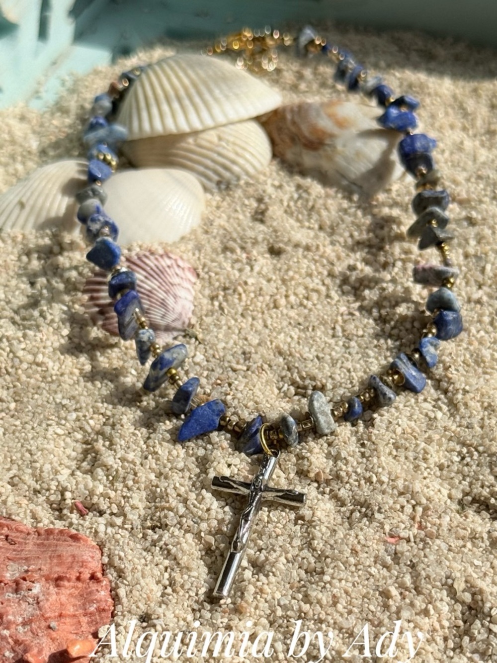 Lapis lazuli Bead Rosary Necklace with Silver Crucifix
